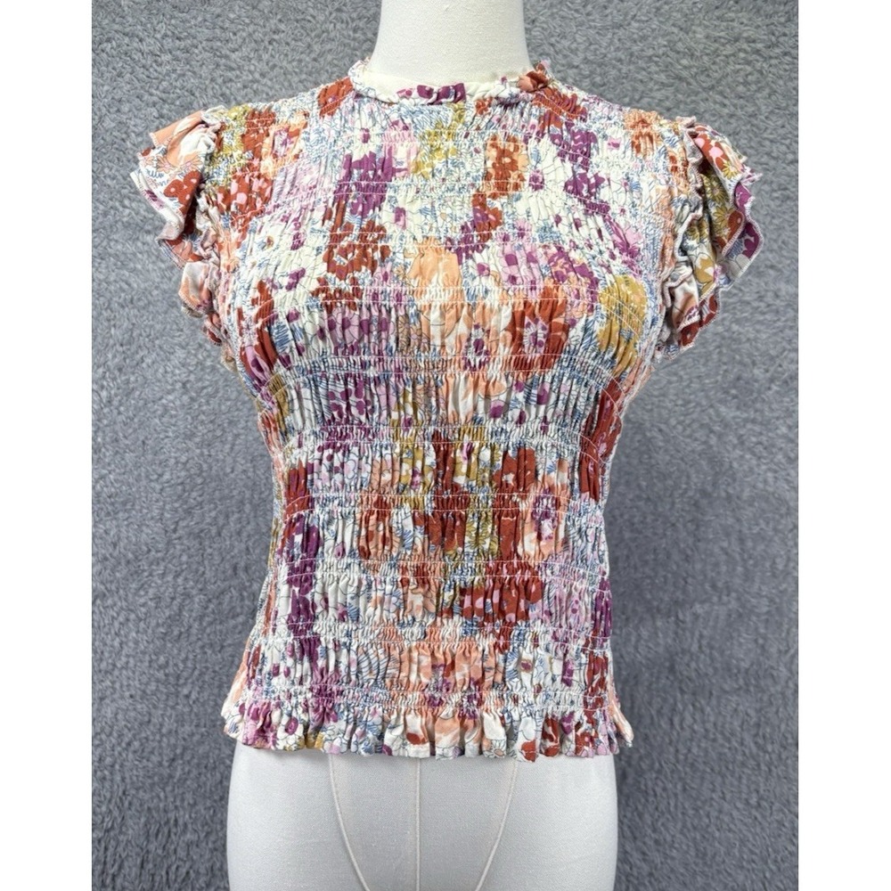 Liberty Love Floral Smocked Crop Top Short Sleeve L Festival Fitted Boho